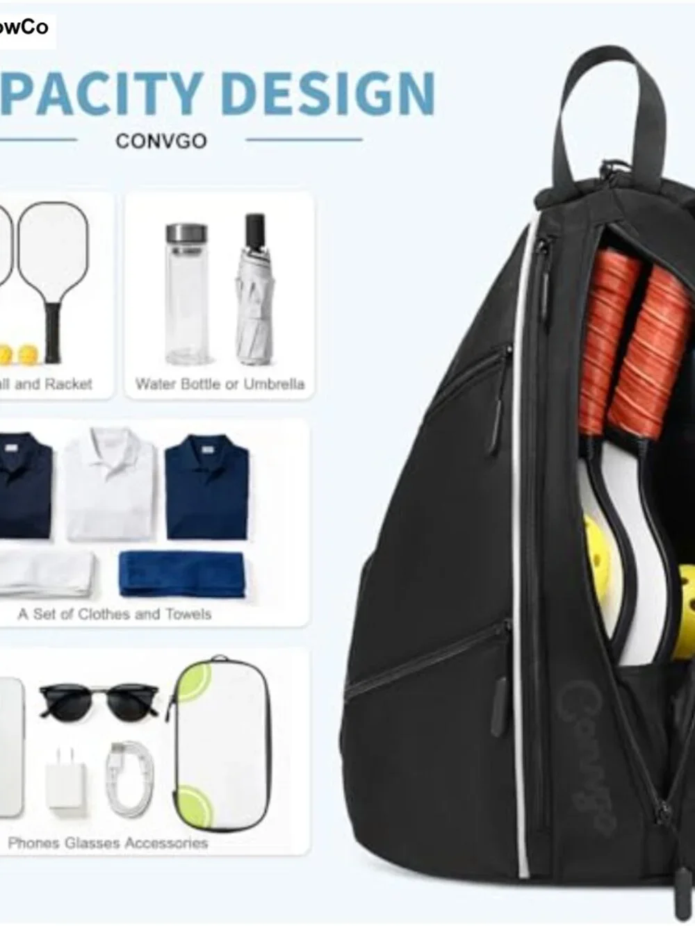 Pickleball Tennis Backpack 2-in-1 Sports Sling Bag Waterproof Paddle Holder